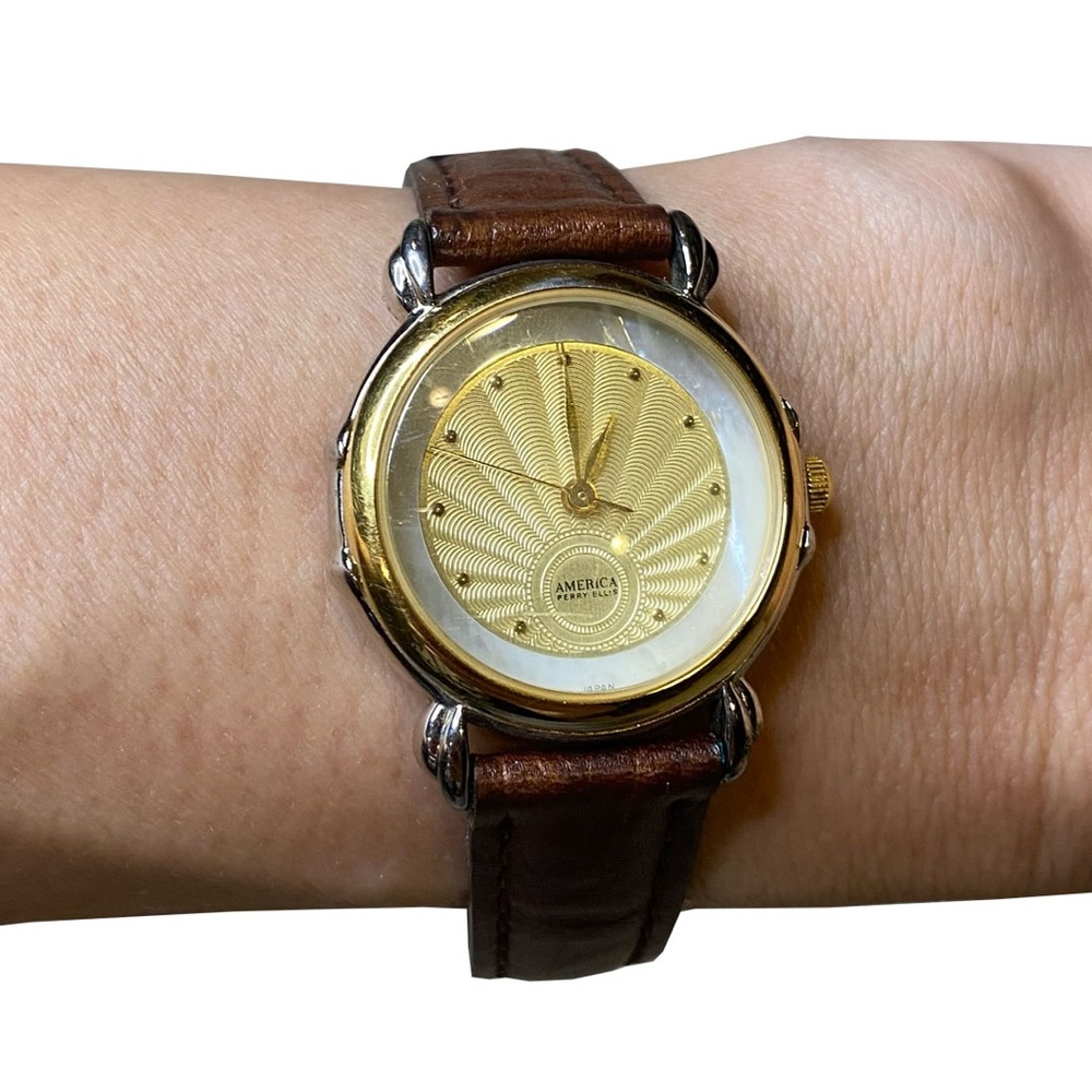 America Perry Ellis Two Toned Face and Brown Strap Watch